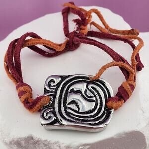 Silver Tone Woman Profile Burgundy Orange Cord Bracelet Adjustable Boho